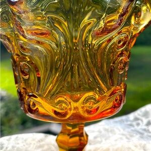 🌹Vintage Amber Glass Ornate design Ribbon Edge Stemmed Compote